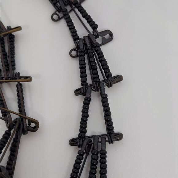 Boho Luxe Thunderbird Necklace Black Bead Safety Pin Vintage Tribal Statement - Picture 5 of 9